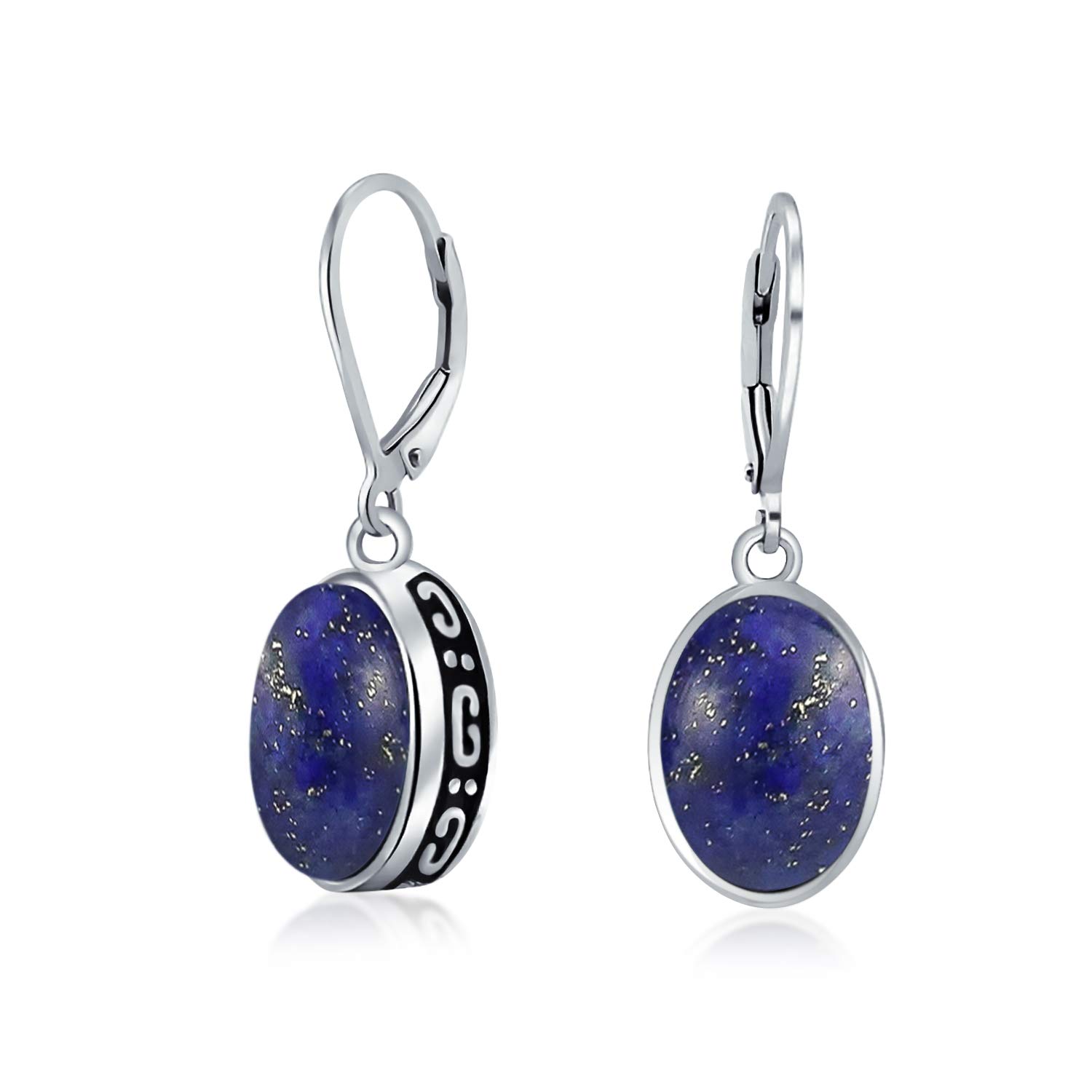 Western Style 3CT Oval Dome Blue Lapis Lazuli Gemstone Bezel Drop Dangle Lever Back Earrings For Women .925 Sterling Silver — image 1