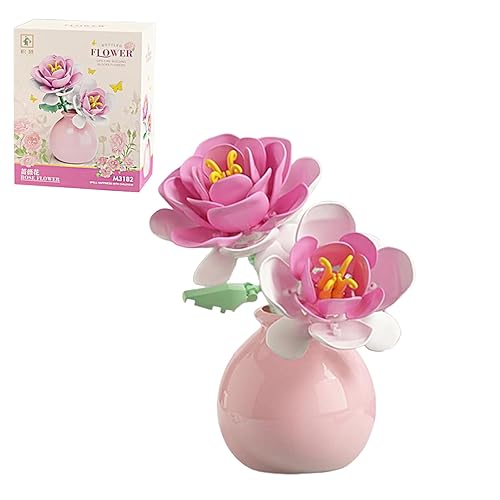 Mini Flowers Building Block Set with Vase - Creative Bouquet Plants Building Blocks Flowerpot for Home Office Décor, Botanical Collection Birthday Gifts for Kids Adults (Rose)