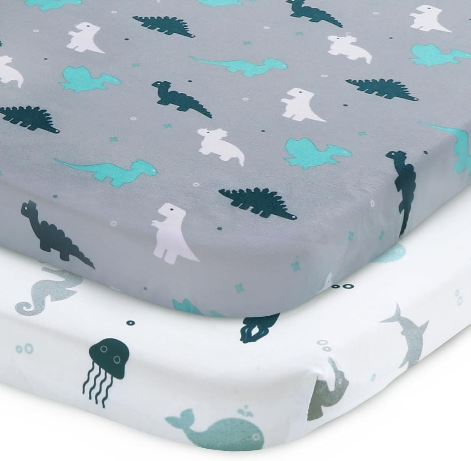 Travel Cot Sheets Fitted, 2 Pack Ultra Soft Crib Sheets, Compatible with Graco, Red Kite Travel Cot, Soft and Breathable, Grey Dinosaurs & Oceans — image 1