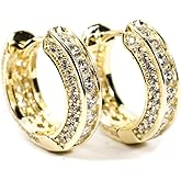 Men's Elegant Luxury Fashion Round Circle Fully Iced Cz Cartilage Cuff Yellow Gold Plated Sterling Silver Post Cubic Zirconia Huggie Small Hoop Earrings Gifts For Men Women