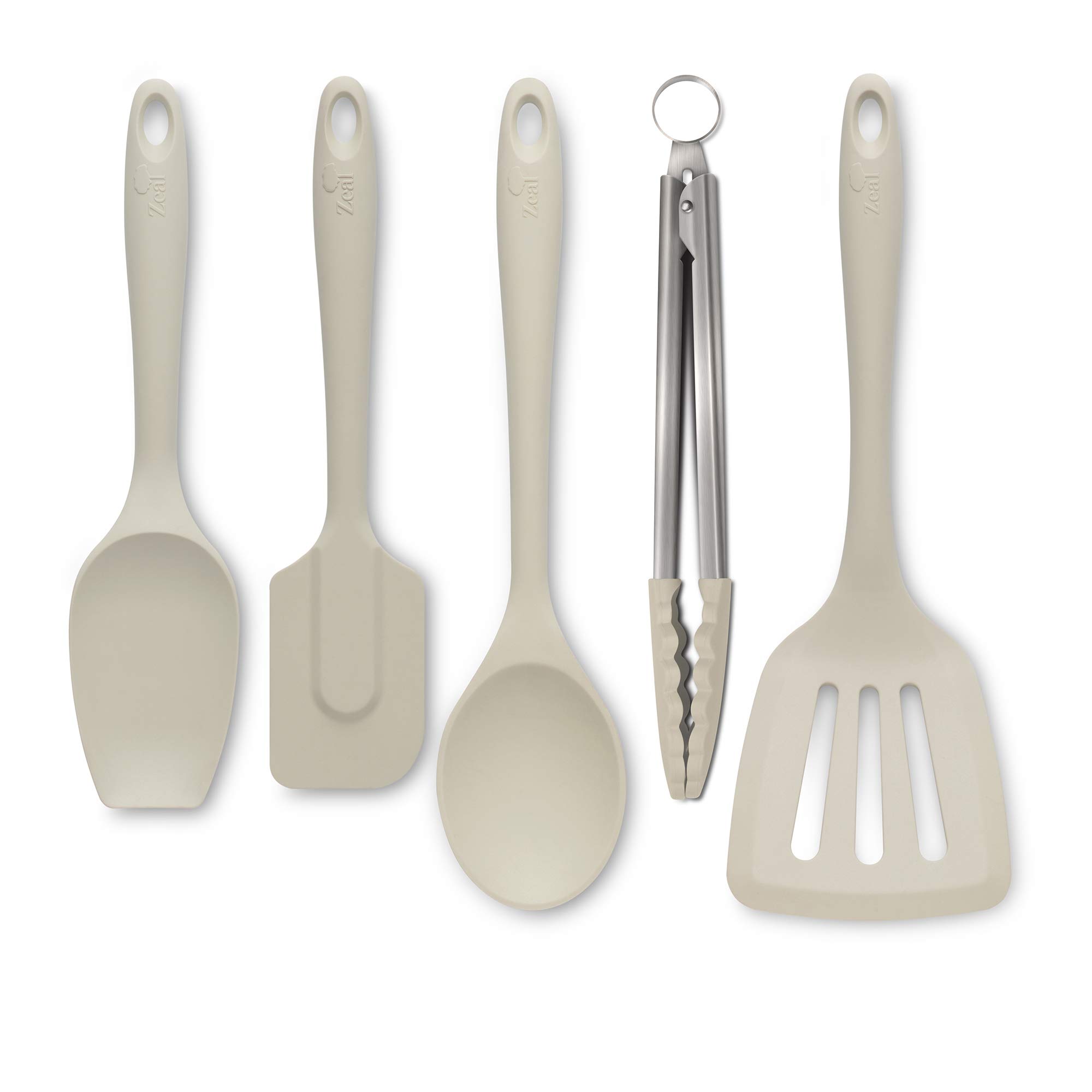 Zeal JSET45C Non-Stick Silicone Cooking Tongs, Turner, Spatula Spoon & Cook Spoon 5-Piece Set-Cream
