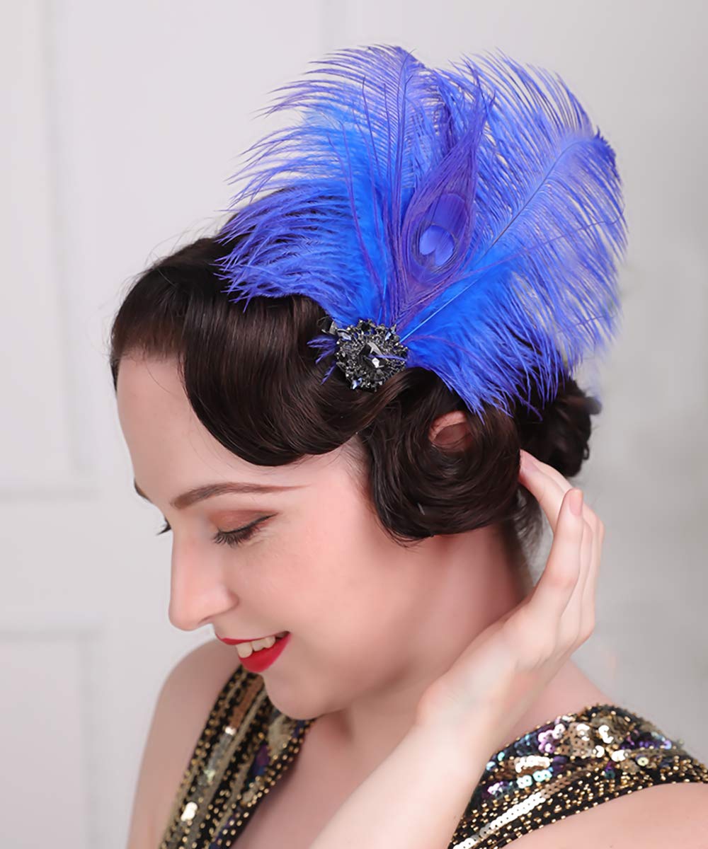 Anglacesmade 1920s Headpiece Flapper Royal Blue Feather Hair Clip Crystal Roaring 20s Accessories Prom Party Festival Hair Jewelry for Women