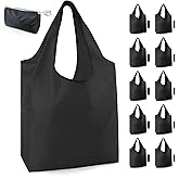 BeeGreen 10 Pack Black Reusable Grocery Bags with Storage Pouch Reusable Shopping Bags Bulk with Elastic Band 50LBS X-Large-Foldable-Washable-Heavy Duty-Waterproof Grocery Tote Bags