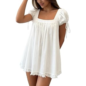 Awoscut Women's Babydoll Mini Dress Summer Petal Sleeves Scoop Neck Loose A Line Frill Short Sundress for Beach Club Party