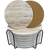 Ceramic Coasters Set of 6, Marble-Textured Design with Holder - Absorbent Cork-Backed Coasters for Cups, Bar & Coffee Table Decor Accessories (Khaki Marble, 6 Pack)