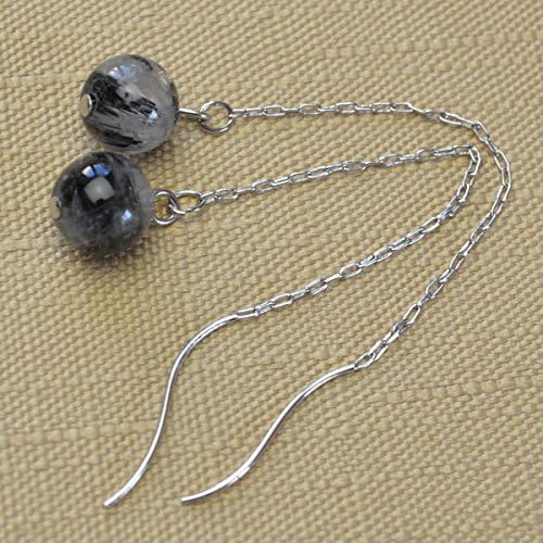 Black Tourmaline Quartz Round Ball . American Pierced Earrings Gemstones . Silver Plating Hook