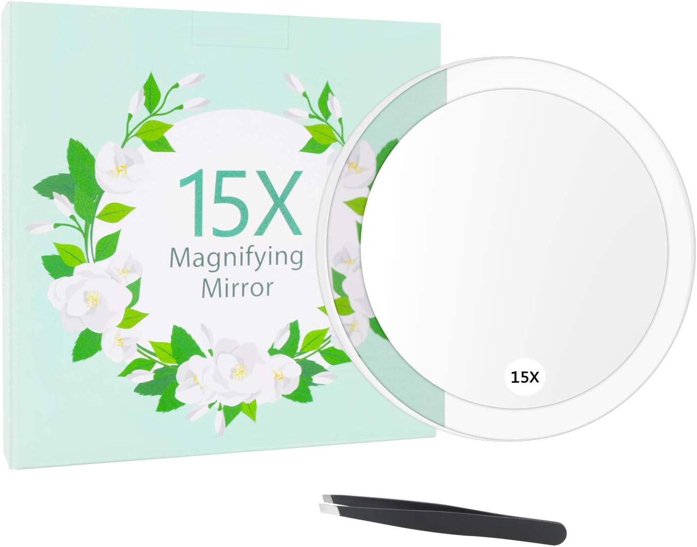 15x Magnifying Mirror with 3 Suction Cups - Use for Makeup Application, Tweezing, Blackhead/Blemish Removal - Travel Magnification Mirror with Tweezers and Storage Bag,6 INCH