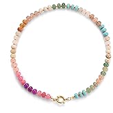 Kofisni Natural Stone Beaded Necklace for Women - Boho Handmade Choker with Colorful Beads, 14K Gold Plated Circular Buckle - Surfer Beach Summer Jewelry Gift