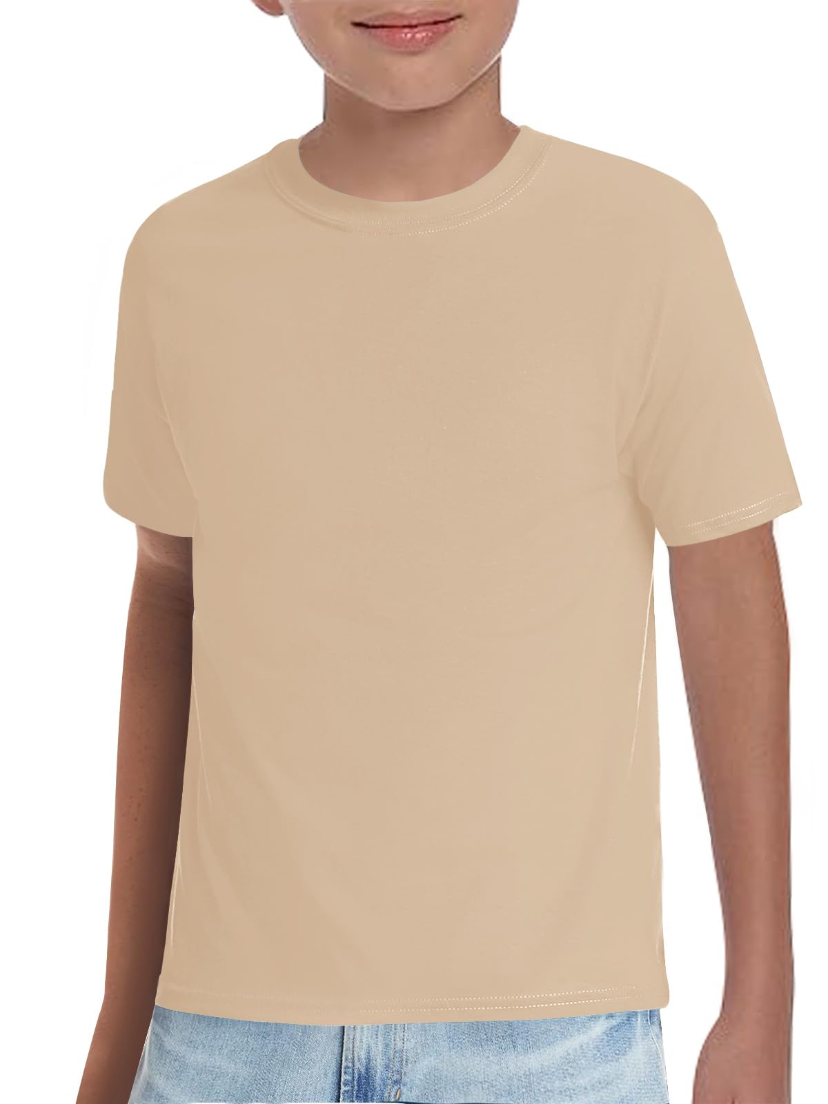 Photo 1 of Haloumoning Boys T-Shirts Kids Short Sleeve Crewneck Solid Basic Tees Casual Tops 5-14 Years, Beige, 7-8 Years