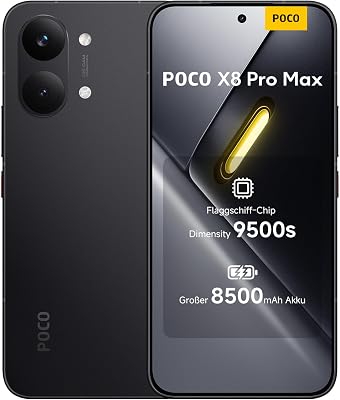 Poco X8 Pro Max Smartphone 12GB+512GB Unlocked Dimensity 9500s Prozessor 8500mAh Akku Ultra-helles AMOLED-Display 50MP Light Fusion 600 Hauptkamera mit OIS Handy in Schwarz 3 Jahre Garantie