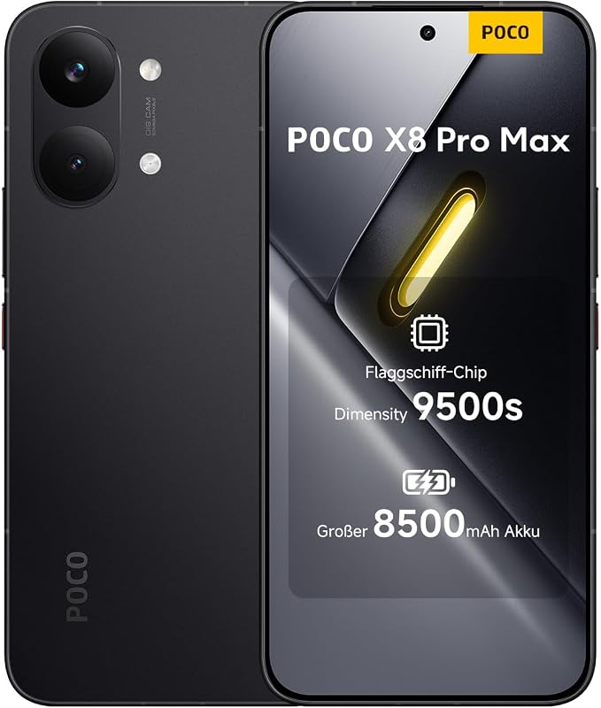 Poco X8 Pro Max Smartphone 12GB+512GB Unlocked Dimensity 9500s Prozessor 8500mAh Akku Ultra-helles AMOLED-Display 50MP Light Fusion 600 Hauptkamera mit OIS Handy in Schwarz 3 Jahre Garantie