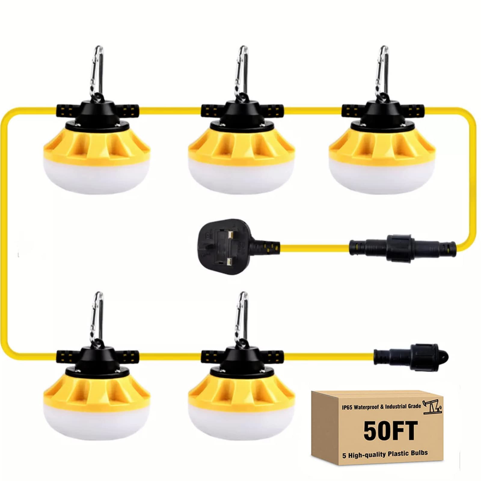 LED Work Light 50FT 50W Construction String Light 5 Integrated LED Lights 5000LM IP66 Waterproof Security Lighting Industrial Grade for Construction Sites Docks Fishing Boat Tunnel [Energy Class F]