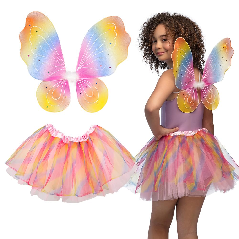 Boland 52871 Rainbow Fairy Costume Set, 2 Piece Set, Wings and Tutu in Rainbow Colours, for Children, Tulle Skirt, Fairy Tale, Elf, Butterfly, Costume, Fancy Dress, Carnival, Nursery, Theme Party
