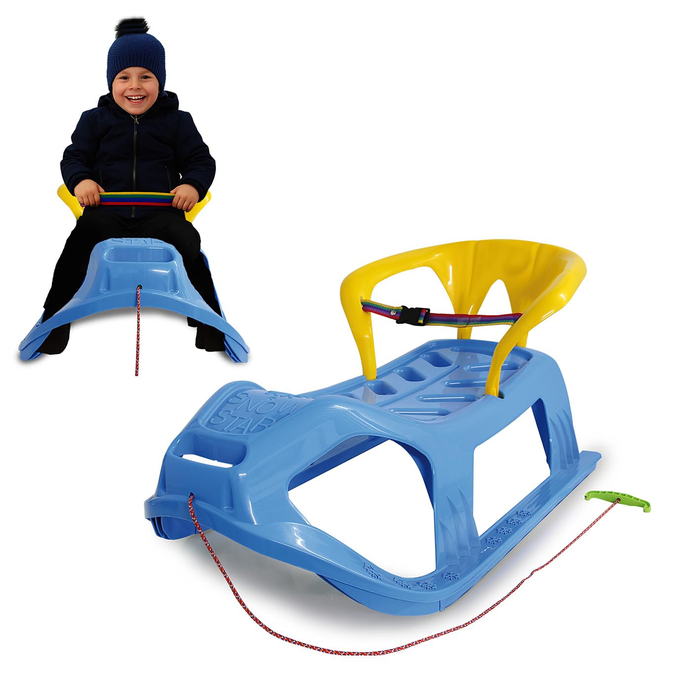 Jamara 460367 - Snow Play Sled with Backrest Snow-Star 90cm blue - Metal runners, Protection against tipping, Backrest incl. safety strap