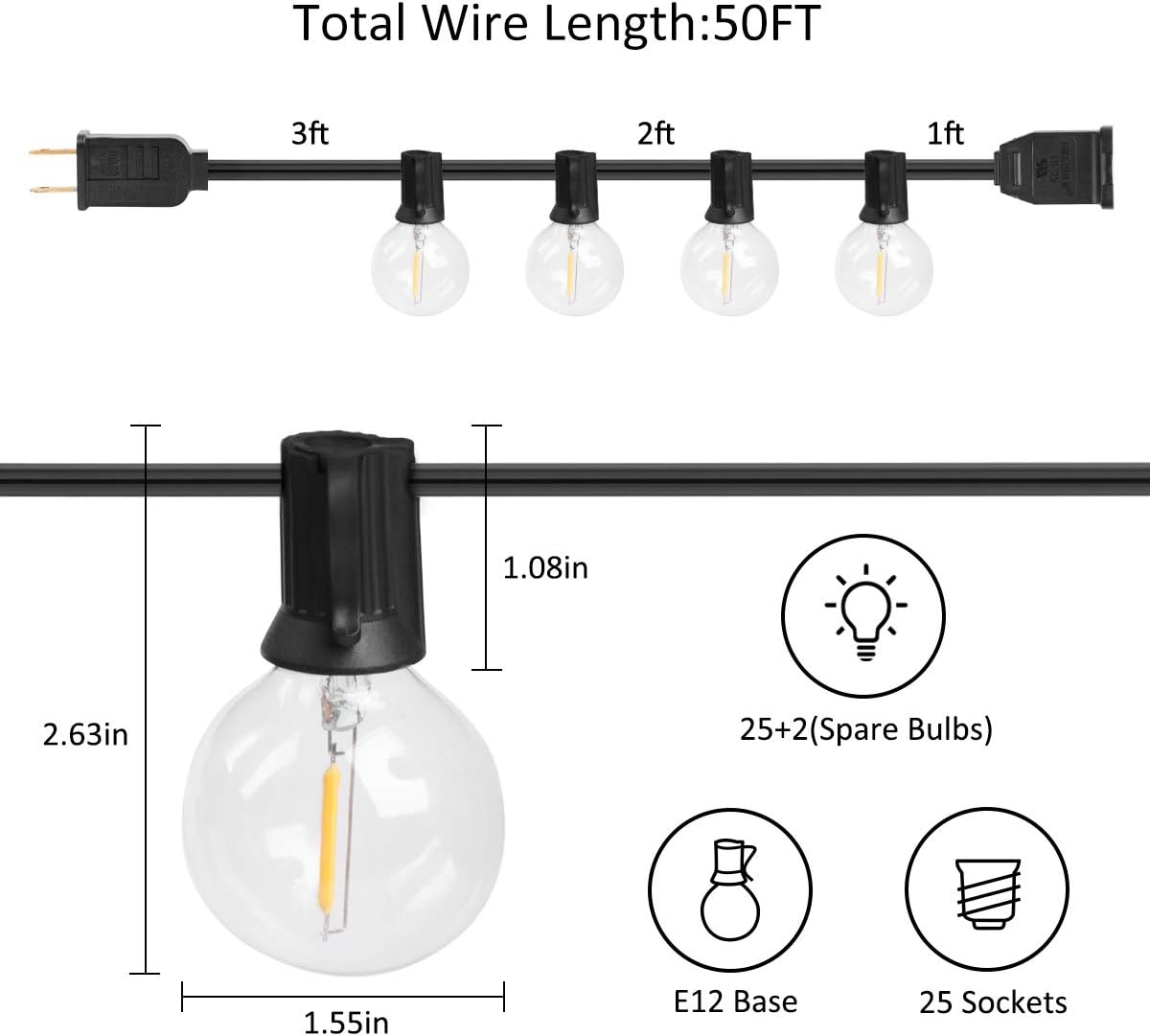 Gimify Outdoor String Lights LED G40 Globe Patio Lights 50FT 25+2 Edison Light Bulbs, Weatherproof for Backyard Patio Garden Party Christmas Indoor/Outdoor Decoration : Garden & Outdoor