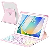 EAMPANG Case with Keyboard for iPad 9th 8th 7th Generation 10.2 inch,7 Rainbow Backlit Detachable Wireless Keyboard Rotatable Magnetic Cover with Pencil Holder for iPad Air 3rd Gen/Pro 10.5 Pink