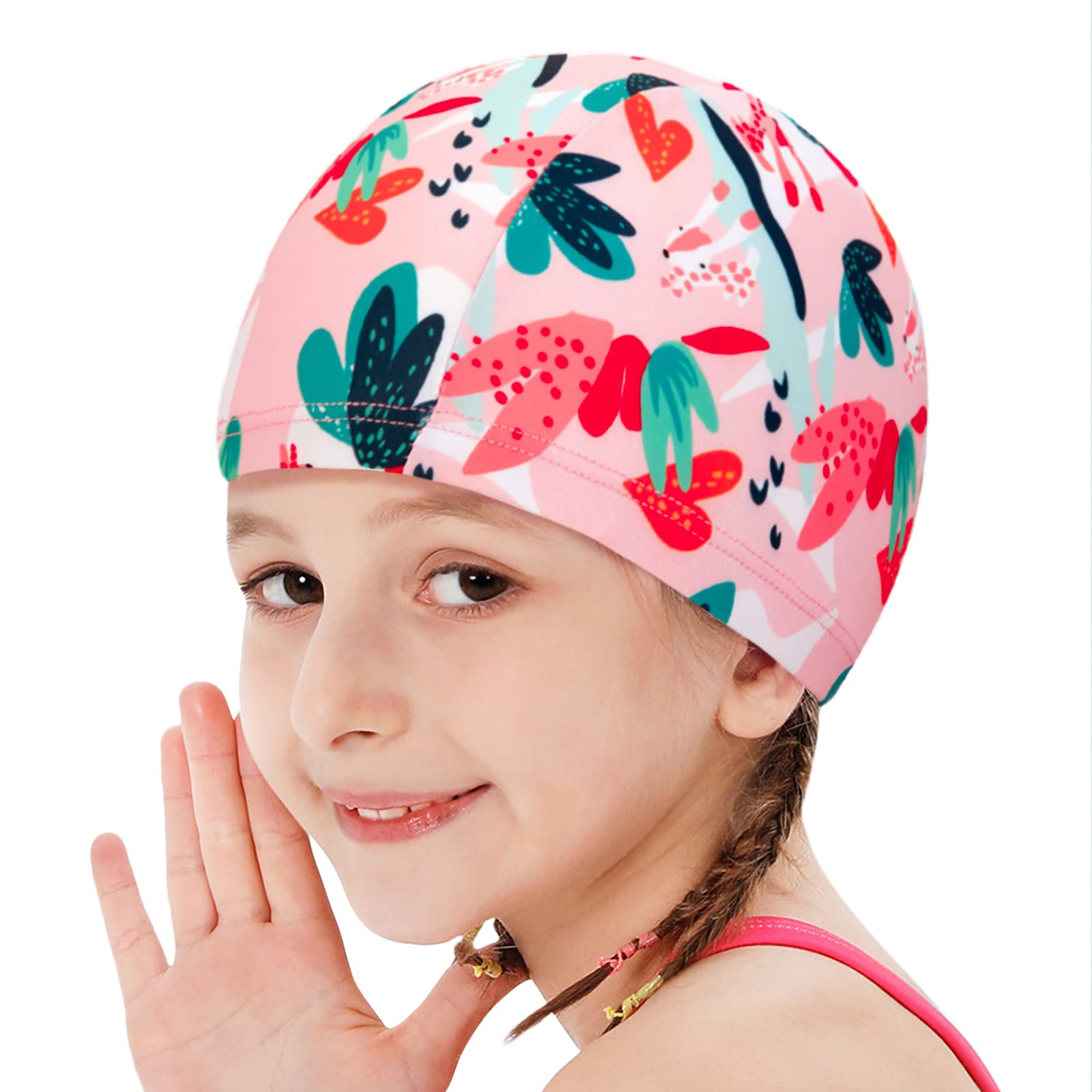 Girls Swim Cap Bathing Cap Ear Protection Shower Cap Breathable Polyester Swimming Hat Diving Hat for Girls Age 3-10 Years Swim Pool Beach Surfing