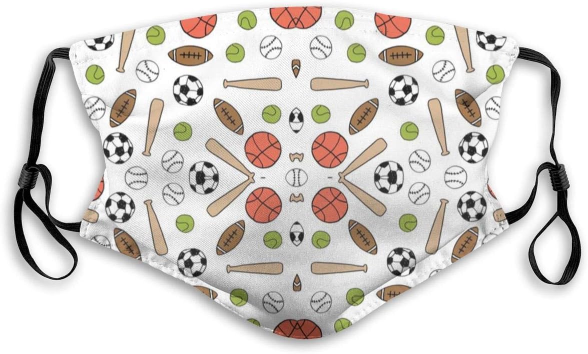Drawn Basketball Baseball Soccer Sports Anti Pollution Mask for Kids Women Man Comfort Dustproof Mouth Mask with Activated Carbon Filters PM2.5 Air Filter Masks Dust Breathing Masks (2Pcs Filters)
