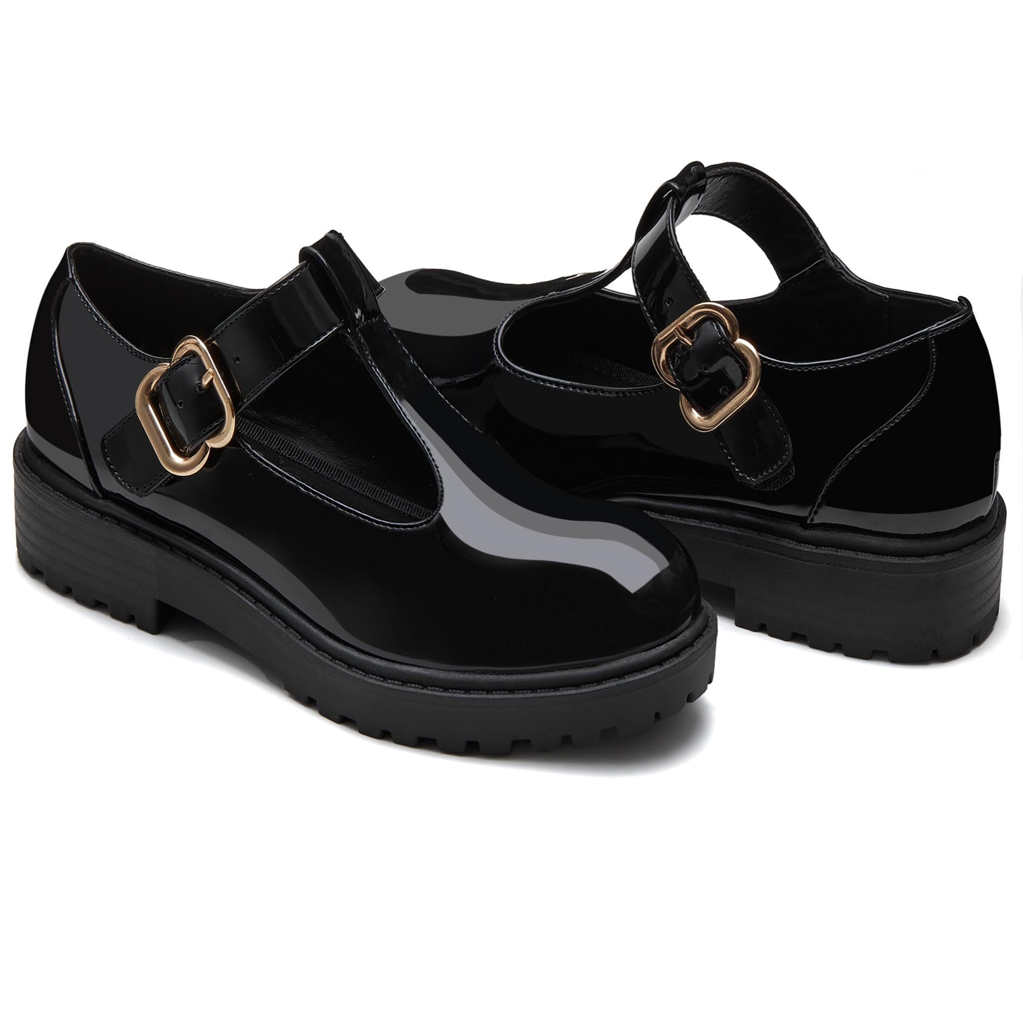 Coutgo Girls Mary Jane Dress Shoes Platform Loafers School Uniform Chunky Heel Closed Toe T-Strap Flats