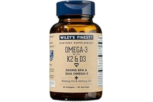 Wiley's Finest Wild Alaskan Fish Oil Vitamin K2 & D3 Softgels - 500mg of EPA and DHA Omega-3s for Bone and Heart Health Support - 60 Softgels (60 Servings)
