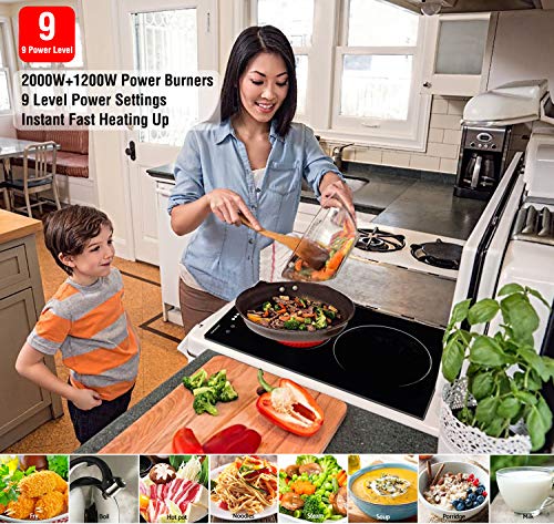 Electric Cooktop, ECOTOUCH 12" Radiant Electric Cooktop Built-in Electric Stove, 240V Electric Stove 2 Burners, Kid Safety Lock, 9 Heating Level