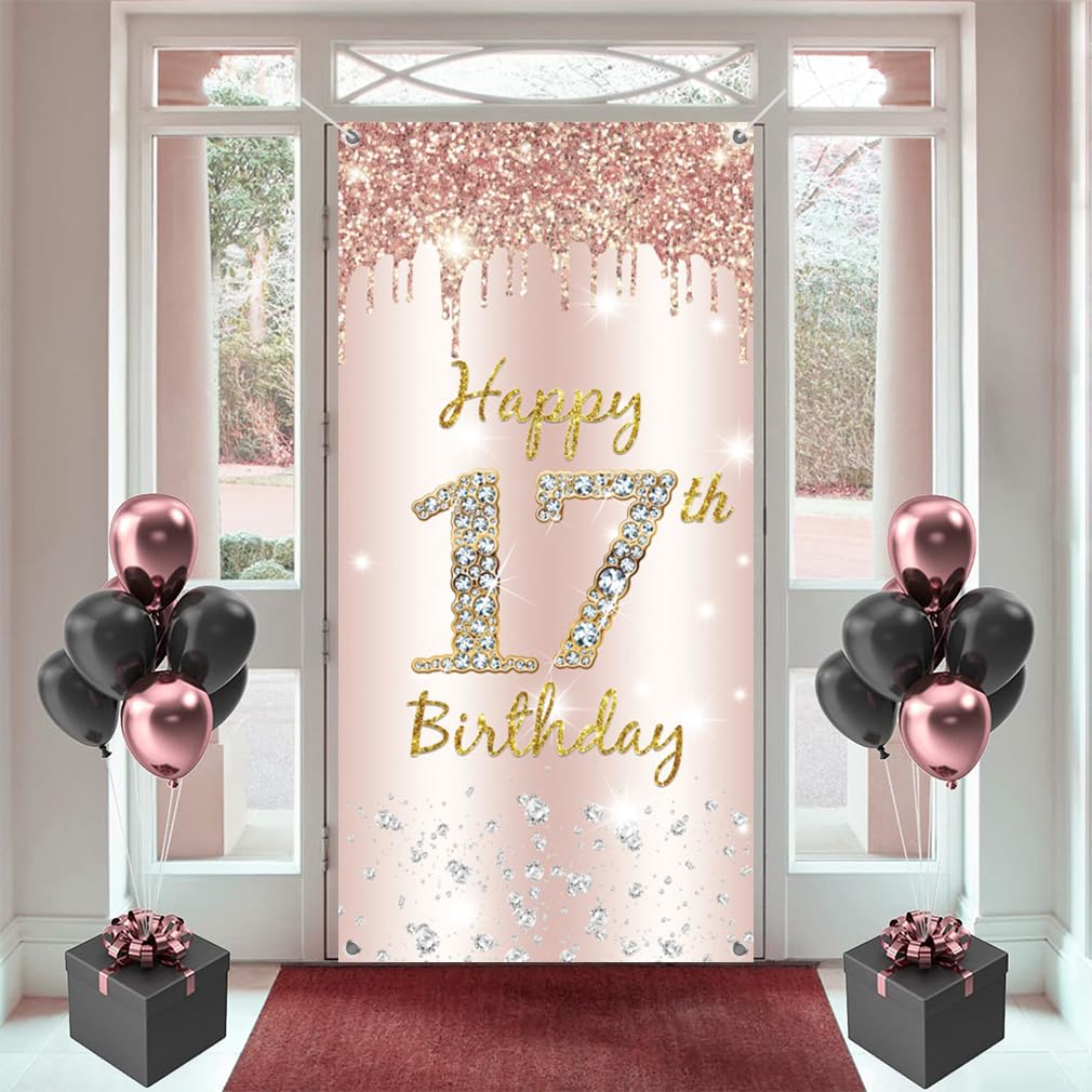 17th Birthday Decorations for Girl, Happy 17th Birthday Backdrop Banner Rosegold Fabric Sign Poster 17 Yeasrs Old Party Supplies Photo Background Welcome Sign, 180 cm x 90 cm