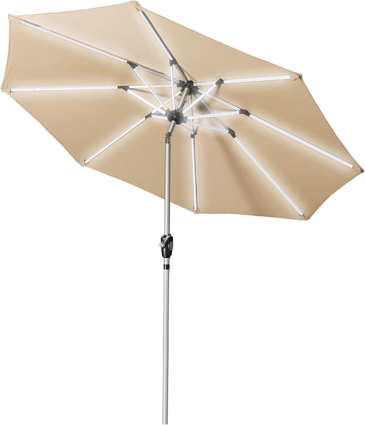 Aok Garden 9 Ft LED Light Bars Patio Outdoor Umbrella Solar Power Market Table Fade-Resistant Umbrella with Push Button Tilt & Crank and 8 Sturdy Ribs (Solar LED,Sand)