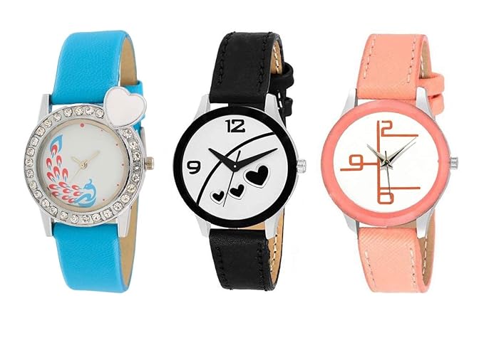 SWADESI STUFF Analogue Multicolour Dial Leather Strap Women's Watch Combo - Set of 3