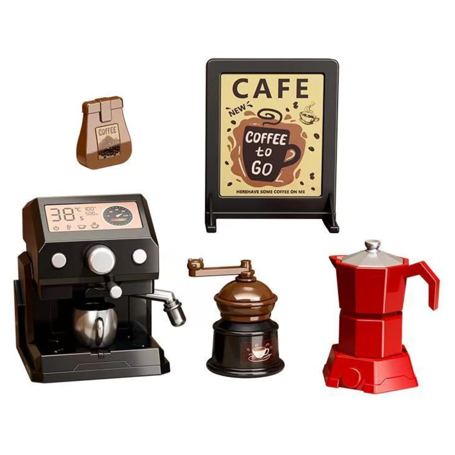 KARLOR 5 Pcs Miniature Coffee Machine Set, Mini Café Accessories with Espresso Machine, Coffee Grinder, Moka Jug, Miniature Kitchen Furniture Tableware Mini Shop Furniture Scenes Decoration