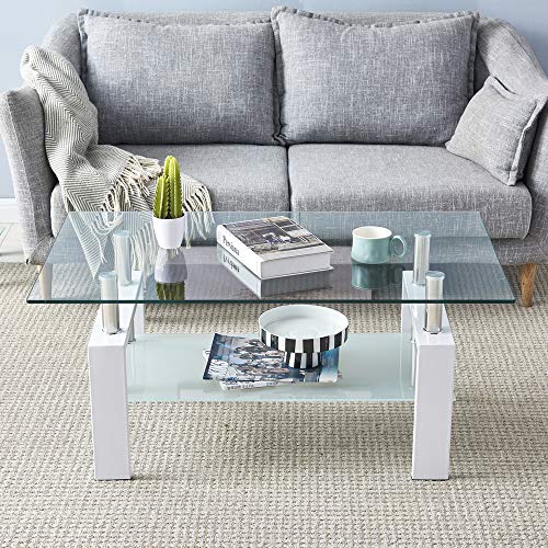 HOTYARD Modern White Glass Coffee Table for Living Room, Rectangle