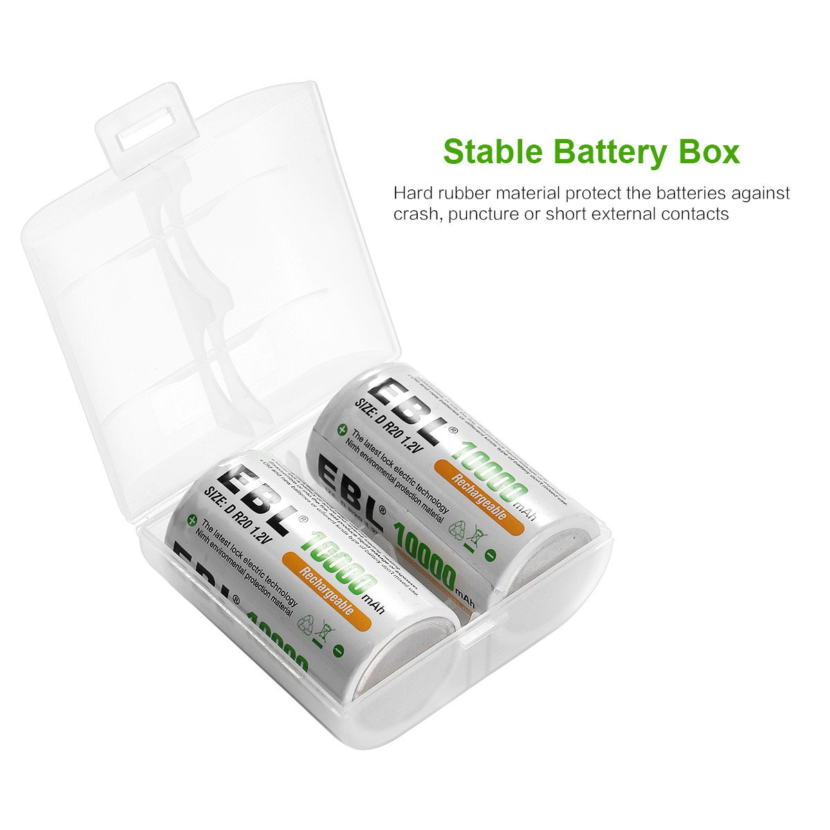 EBL Pack of 8 10000mAh Ni-MH D Cells Rechargeable Batteries, Battery Case Included