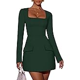 ZESICA Women's 2026 Spring Long Sleeve Bodycon Mini Dress Casual Square Neck Slim Fit Cocktail Party Short Dresses