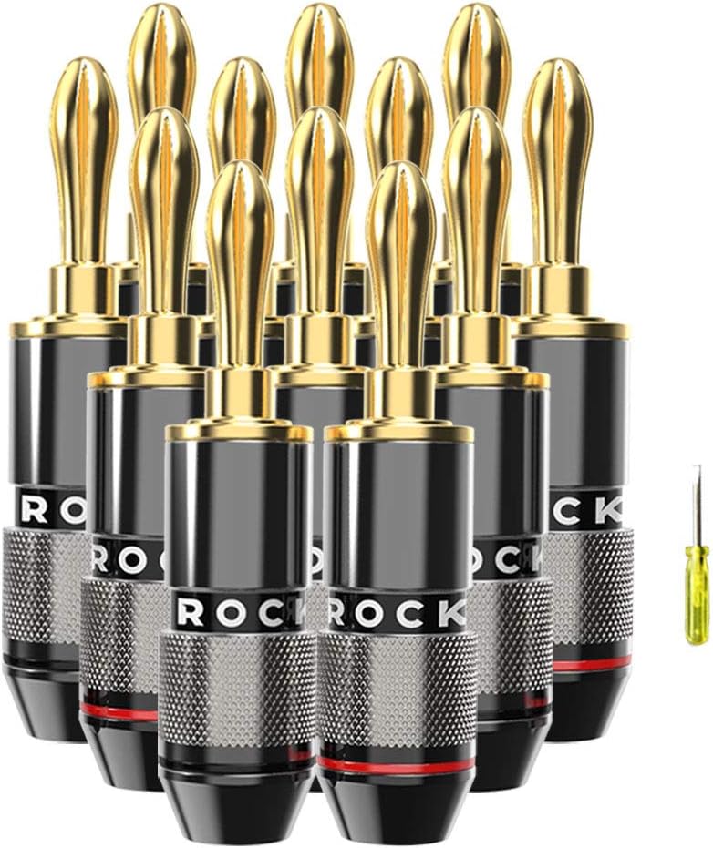 ROCKRIX 24k Gold Plated Closed Screw Speaker Banana Plugs - 6 Pair (12 Pack), Speaker Plug Connectors for Speaker Wire,Home Theater,Wall Plate and Audio Sound Systems …