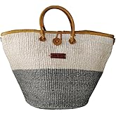 Ash and Ivory Wisdom Handmade Economical Sisal Straw Basket Tote Bag, Market Grocery Shopping Bags with Leather Strap Handles and Button Closure, Summer Beach Handbag, Large Shoulder Purse for Women