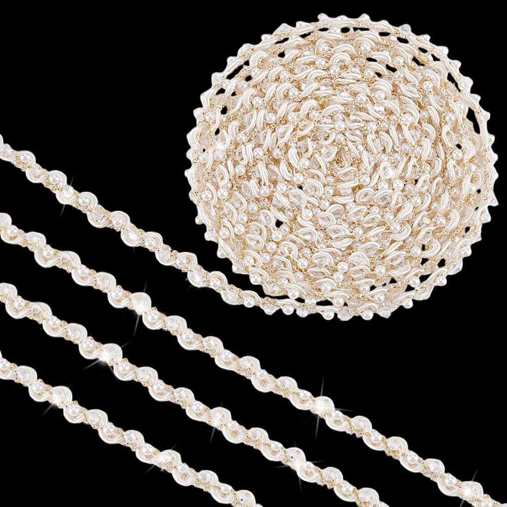 Photo 1 of PH PandaHall 4 Yards Pearl Lace Ribbon 3/8 inch White Wavy Lace Ribbon Pearl Fringe Applique Beaded Rhinestone Lace Trim Fabric Gimp Braid Ribbon for Costume Curtain DIY Crafts Jewelry Party Decor