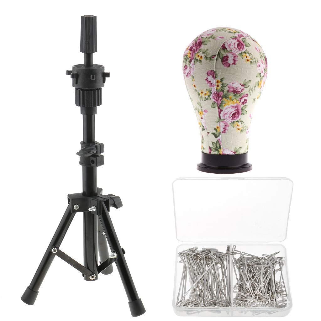 Canvas Block Mannequin Head Wig Heads Set with Adjustable MINI Tripod Holder for Wigs DIY Making Salon Display (24 Inch, Turquoise purple flower)