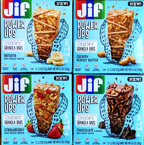 Jif POWER UPS chewy granola peanut butter bars, NEW for 2018! Ultimate VARIETY 4 Pack + FREE box of fruit flavored drink mix, 1 box each of CHOCOLATE, STRAWBERRY, BANANA, PEANUT BUTTER.