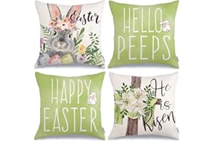 GEEORY Happy Easter Pillow Covers 18x18 Inch Set of 4, Floral Rabbit Bunny Hello Peeps Cross He is Risen Farmhouse Decorative Throw Pillowcases for Home Sofa Couch Decoration (Green) G498-18