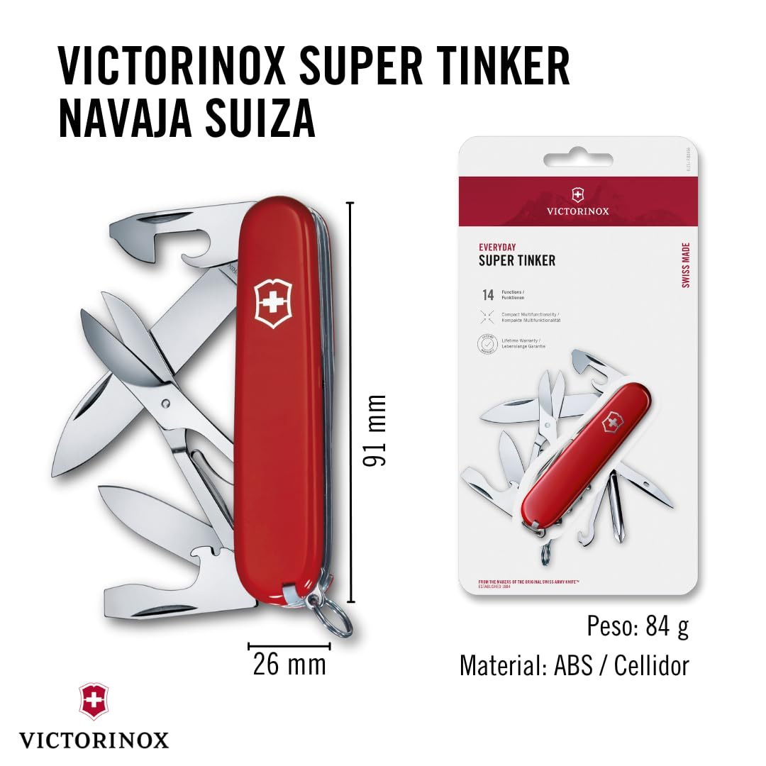 Victorinox Schweizer Taschenmesser, Super Tinker, Multitool, Swiss Army Knife mit 14 Funktionen, Klinge, Dosenöffner, Schraubendreher 3 mm, Rot, Blister 3
