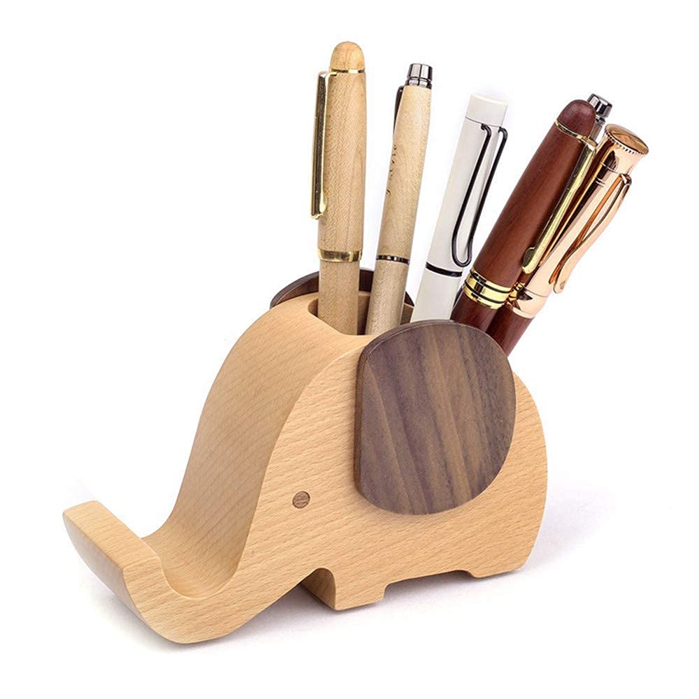 Elephant Pen Holder - Phone Stand with Pen&Pencil Holder, Wooden Pen Pencil Holder, Desk Supplies Organizer, Multifunctional Office Accessories Gift for Christmas, Valentine's Day, Birthday