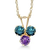 Gem Stone King 14K Yellow Gold Blue Diamond and Purple Amethyst 3-Stone Pendant Necklace For Women (0.30 Cttw, Gemstone April Birthstone, Round 3MM, 18 Inch Chain)