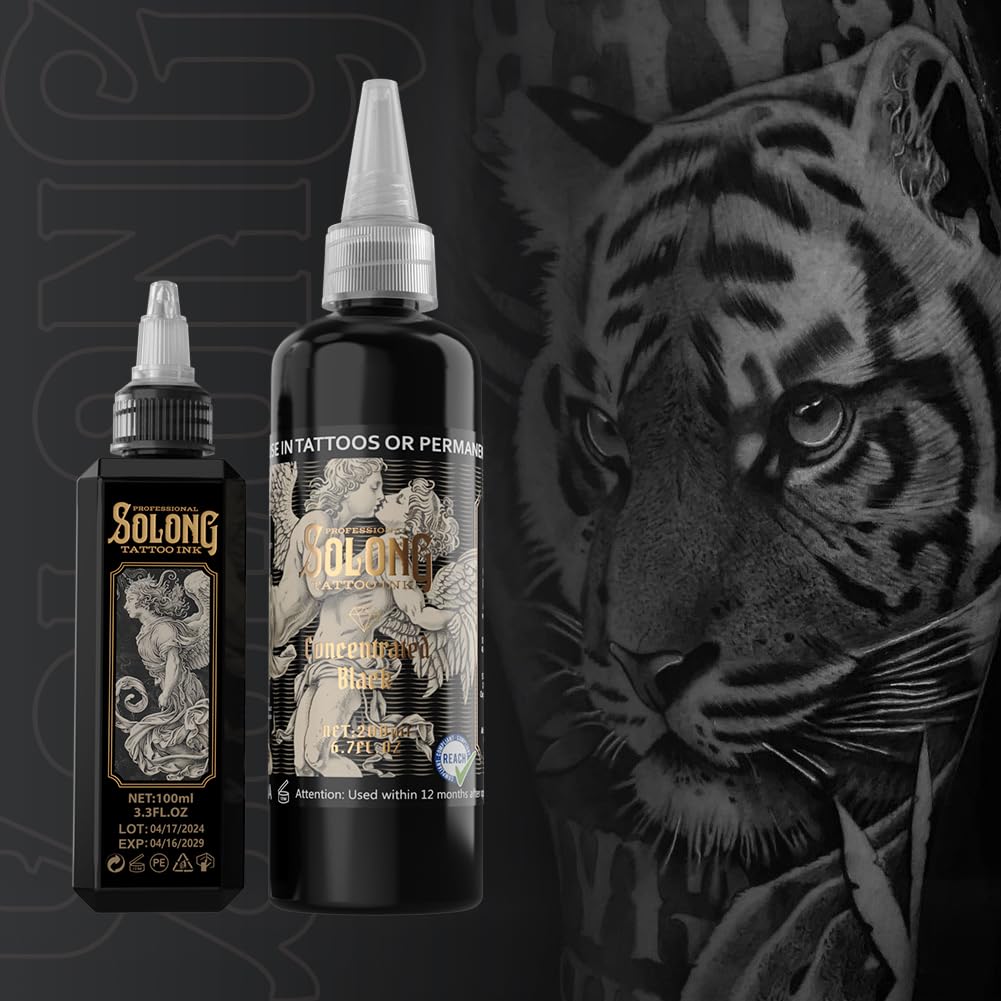 Tattoo Ink,Solong S Series Professional Black Tattoo Ink for Outlining,Shading and Blending-Premium Black Tattoo Supplies-6.7oz(200ml),TI303S-200-031