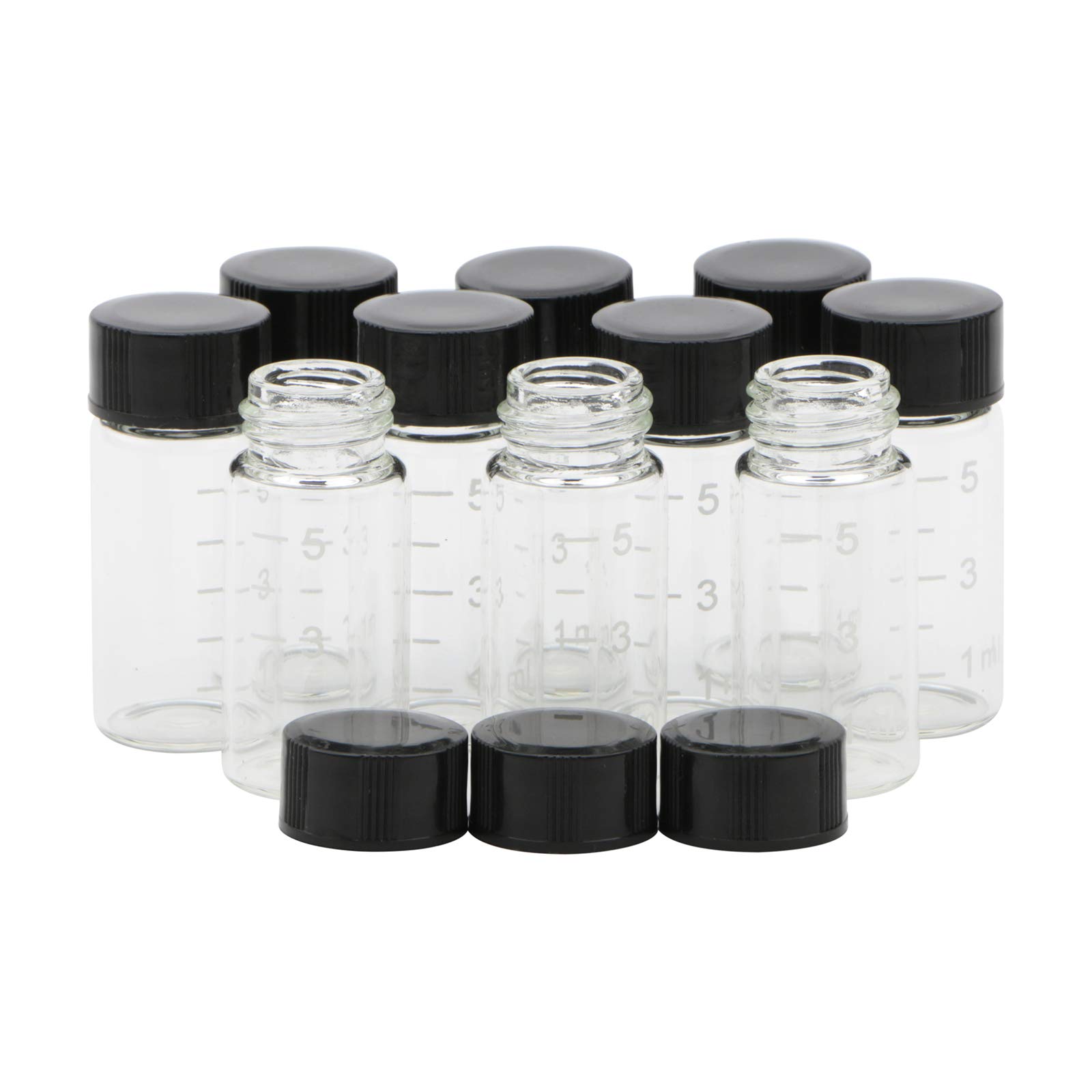 Unxuey 10pcs Mini Clear 5ml (1/6 Oz) Glass Vials with Scale Sample Black Screw Cap Graduated Bottles Transparent Lab Travel Container
