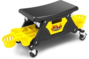 PM PERFROMOTOR PM PERFORMOTOR Mechanic Stool - 25-1/2" x 13" x 12" (L x H x W), Rolling Work Seat w/Lockable Swivel Wheels and Storage Tool Tray, Yellow,PM-TOL-CRS-YL
