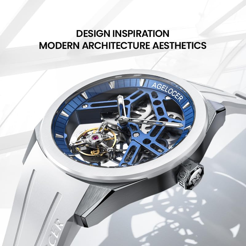 AGELOCER Manual Mechanical Watch for Men, Skeleton Tourbillon/Ceramics Case Sapphire Crystal/ 5ATM Waterproof/Rubber Starp Watches Gifts for Men