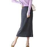 Ailaile Long Skirt Women's Fall Winter 100% Merino Wool Knitted Skirt Ribbed Elastic Warm Sweater Skirts