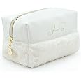 Aurora Sky Fluffy Bottom Makeup Bag Organizer – Portable Toiletry Travel Case – Cute Cosmetic Bag for Woman & Girls – Waterproof Soft Vegan Leather Pouch – Medium Size Storage (White)
