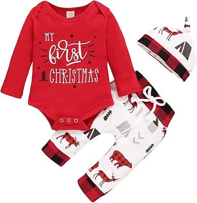 Newborn Girl Boy My First Christmas Outfit Set Bodysuit Pants Hat Infant Baby Christmas Clothes Set Amazon Co Uk Clothing