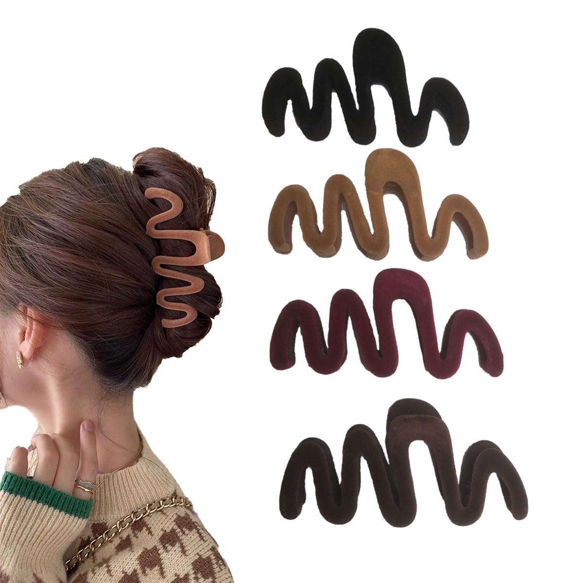 5 Inch 4Pack Women Large Hair Claw Clips for Thick Hair Strong Ponytail Holder Velvet Hair Clips Set Clamps Grips,Fashion Fashion Hair Styling Accessories 4 Pack(Velvet Curve)