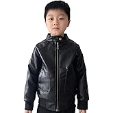 ELUCKFACE Boys Trendy Stand Collar PU Leather Moto Jacket - Winter Warm Lined Coat with Zipper Closure for Kids (Age 3-12)